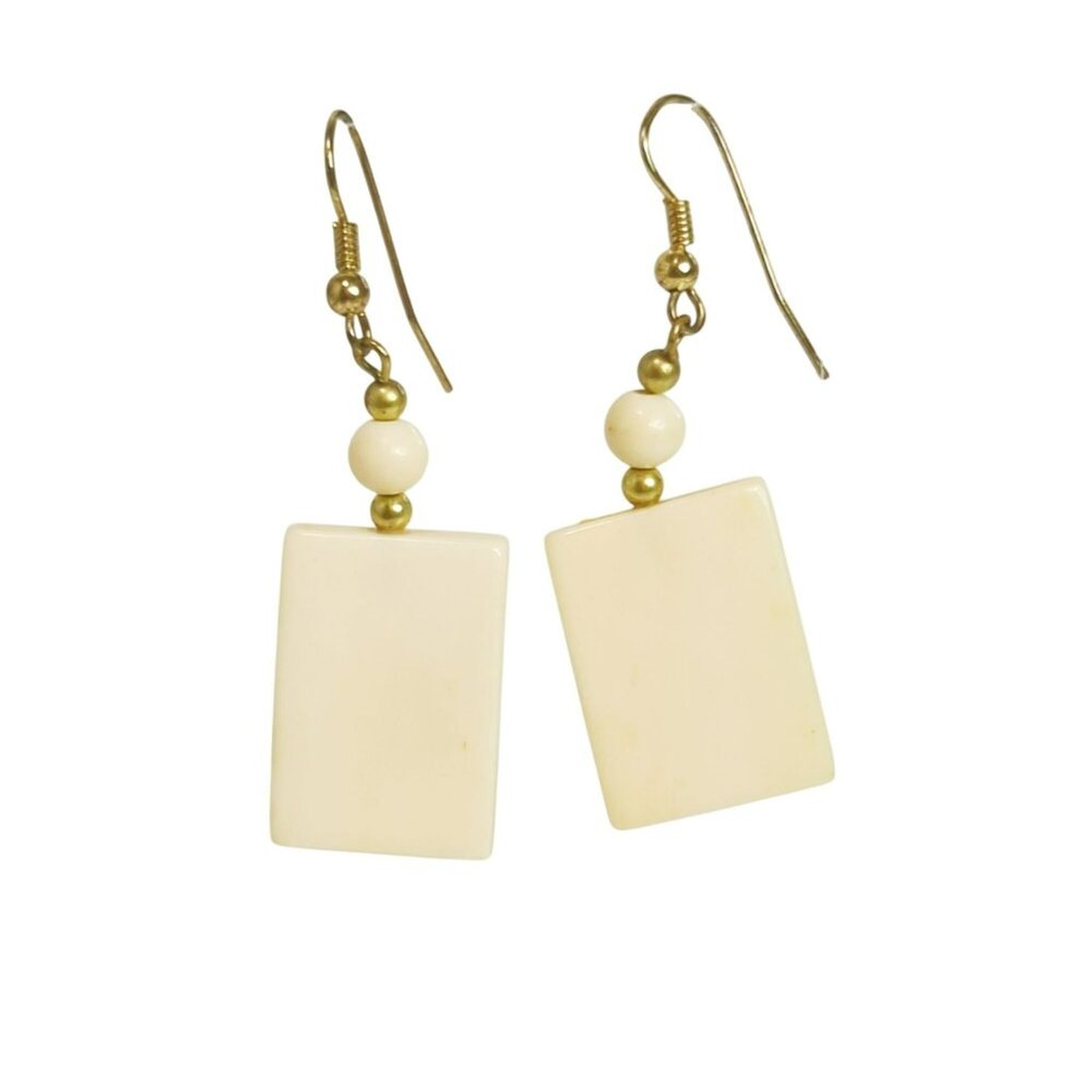 Vintage Carved Bovine Bone Dangle Earrings Rectangular Boho Tribal Style